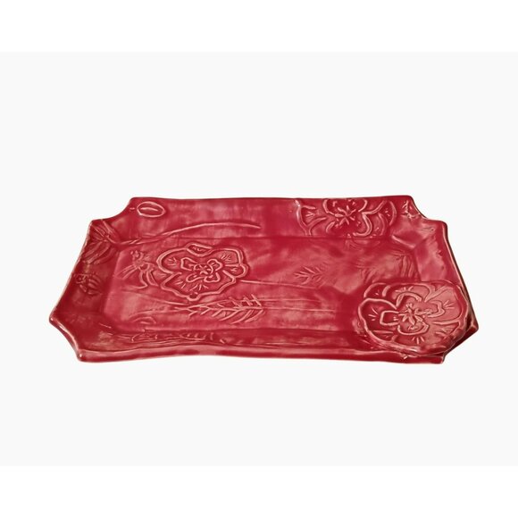 Red Art Pottery Trinket Dish, Signed MS, Floral Embossed Ceramic Vanity Tray 9" - Picture 3 of 10
